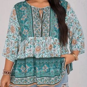 Teal Bohemian Floral Blouse